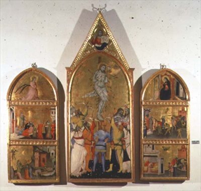 El Martirio de San Sebastián, panel central mostrando el martirio y paneles laterales mostrando otras escenas de la vida del santo de Giovanni di Niccolo del Biondo